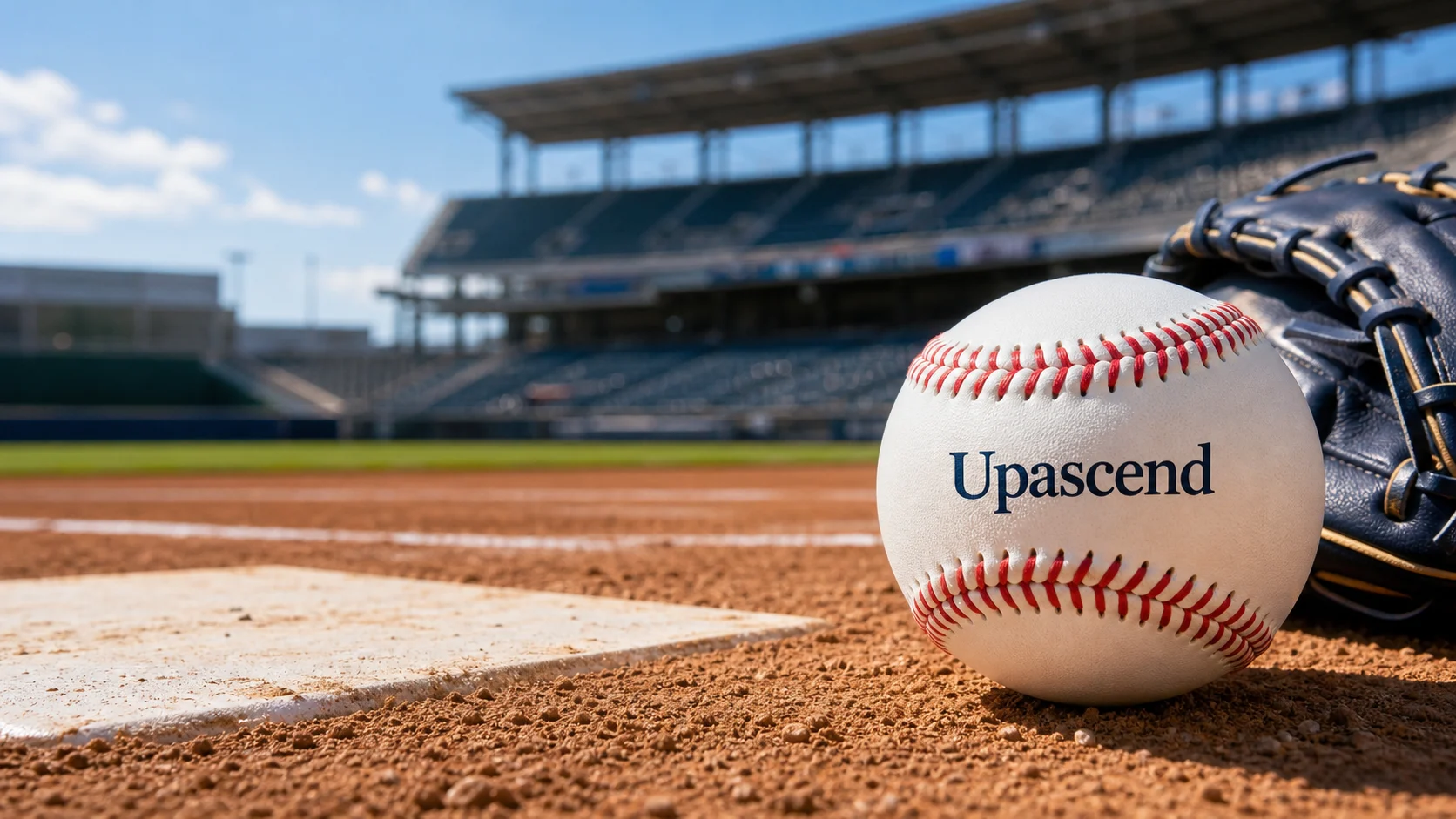 Upascend baseball beside a glove at home plate in a sunny stadium
