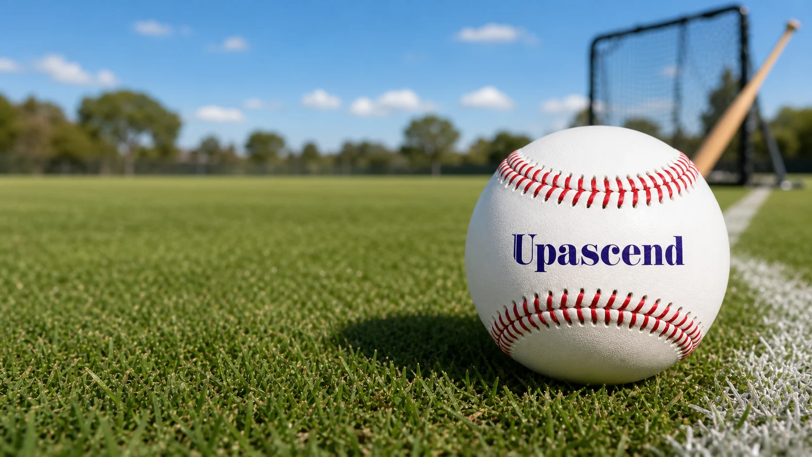 Upascend practice baseball beside a chalk line on a sunny training field